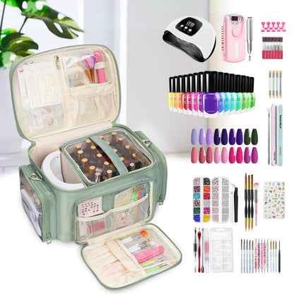 Bagmoly Nail Polish Organizer, Nail Polish Storage Holds 42+ Bottles & Nail Lamp, Portable Travel Nail Kit Storage Carrying Case Fits Nail Suppiles, Gift for Manicurist, Grils - Green