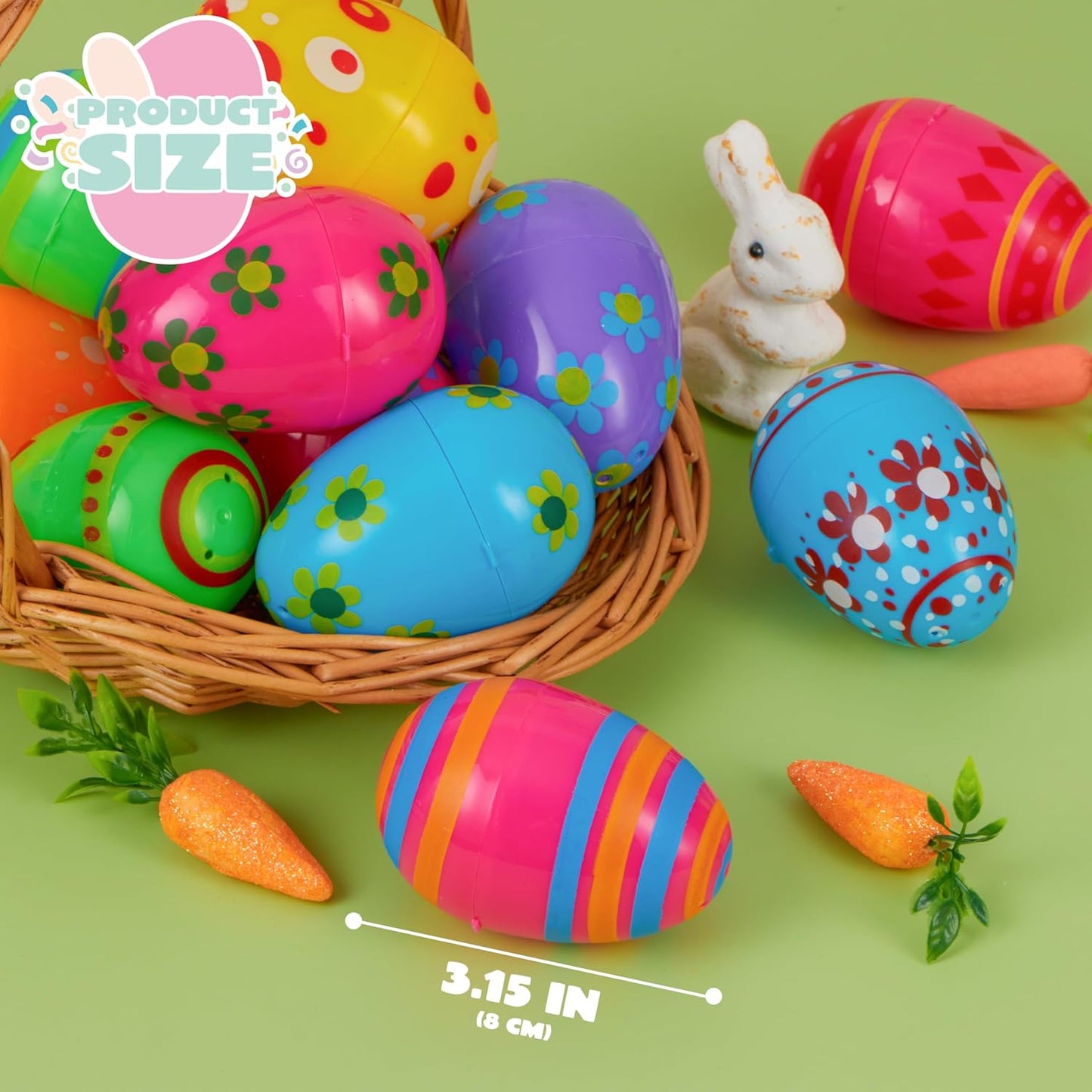 3.15Inch Favor-24 JOYIN Printed Plastic Eggs Colorful, Fillable Empty Eggs Bulks for Easter Hunt Event, Party pcs