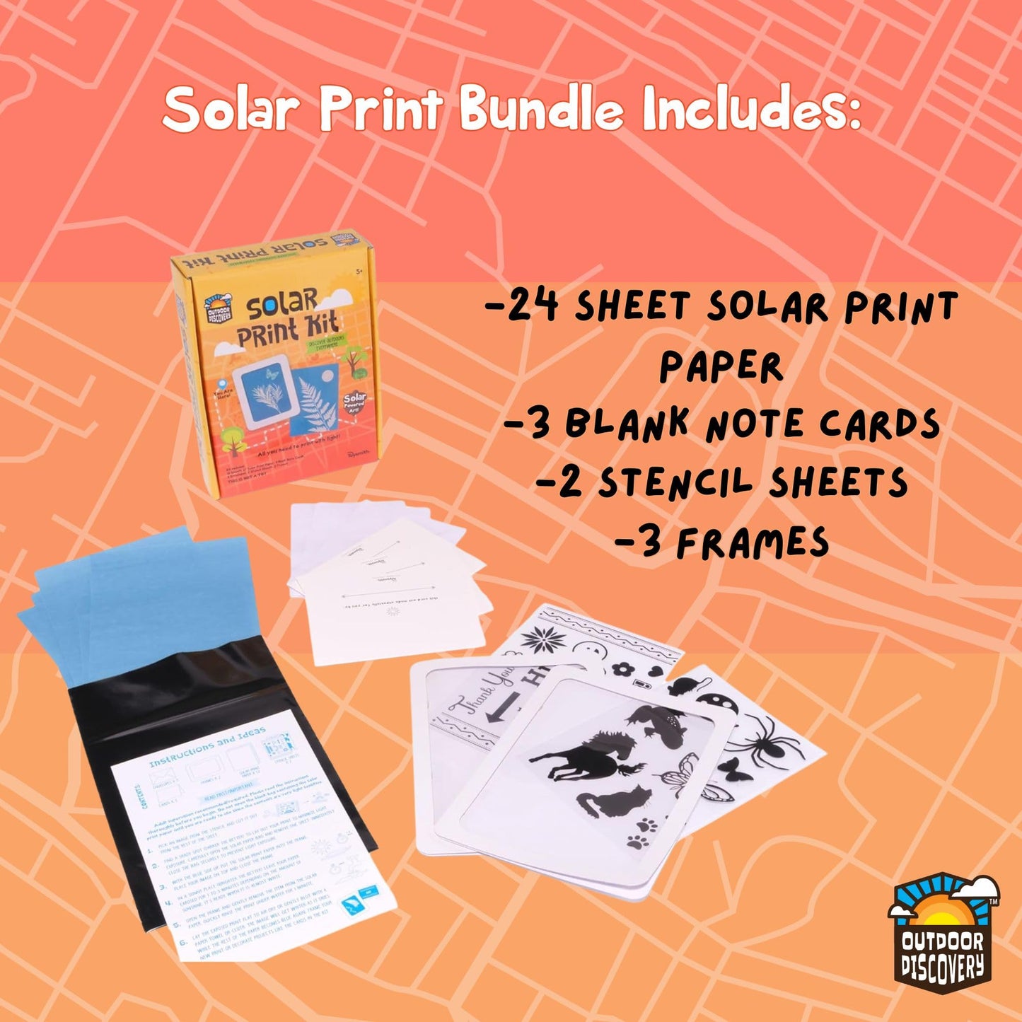 Toysmith Outdoor Discovery Solar Print Kit Bundle - Sun Print Paper Set for Kids - Includes 36 Sheets Solar Paper, Stencil Set & Frames - Arts and Crafts for Kids Ages 8-12 Gift
