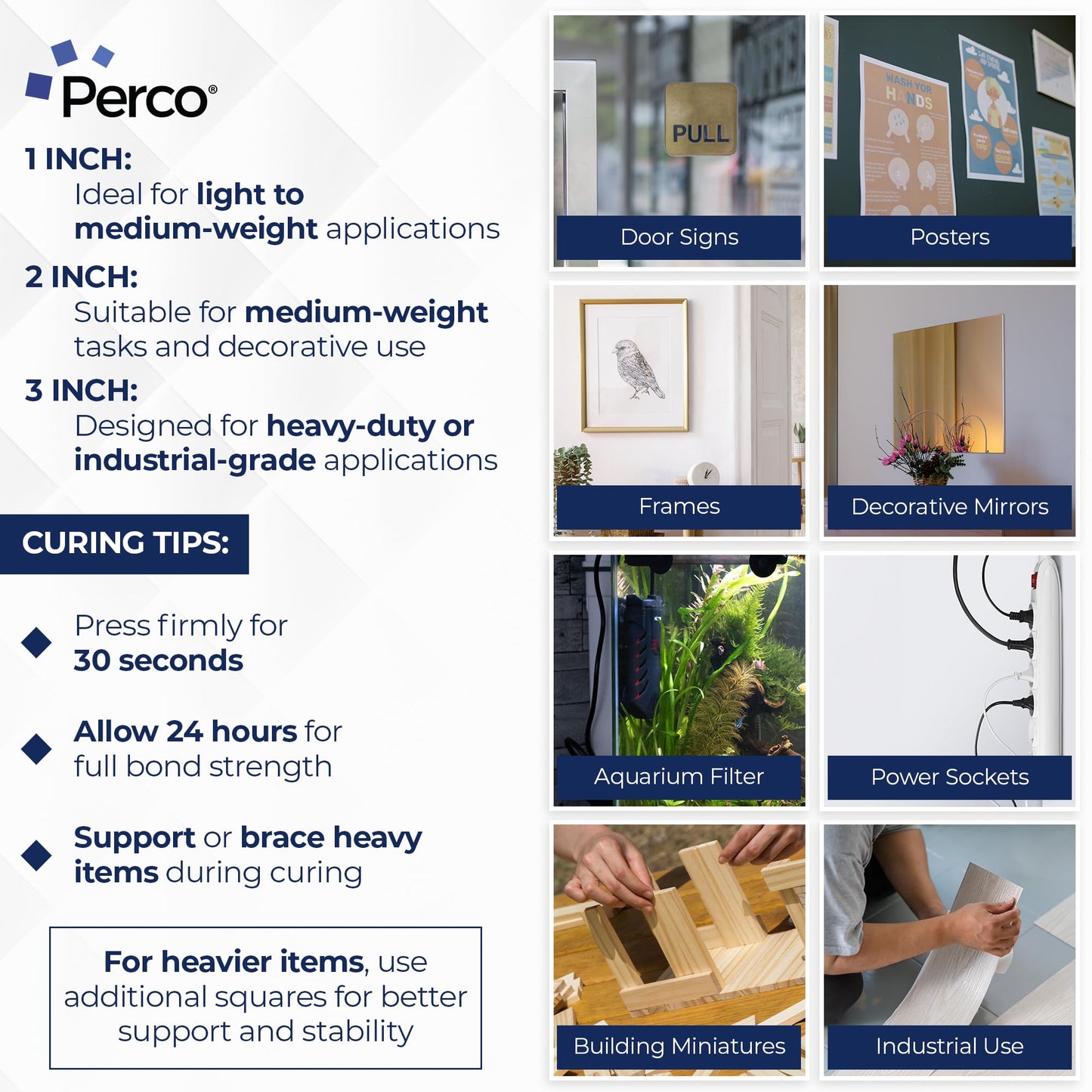 Perco Double Sided Tape Squares, Clear Nano Tape, 95 Pre-Cut Mounting Squares – 50 1"x1", 30 2"x2", 15 3"x3" – Multi-Size Adhesive for Wall Décor, Crafts, DIY, Office, Home Use, Multi-Purpose Projects