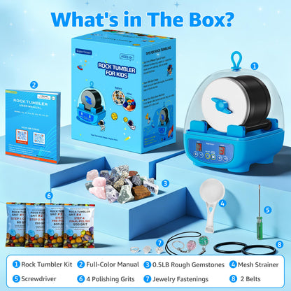 KomeStone K5 Rock Tumbler for Kids & Starters– Dual Noise-Reducing Rock Polisher with Timer, 3 Speeds & Memory Function, Complete Stone Tumbling Kit with Gems & All Accessories – A Fun STEM Gift
