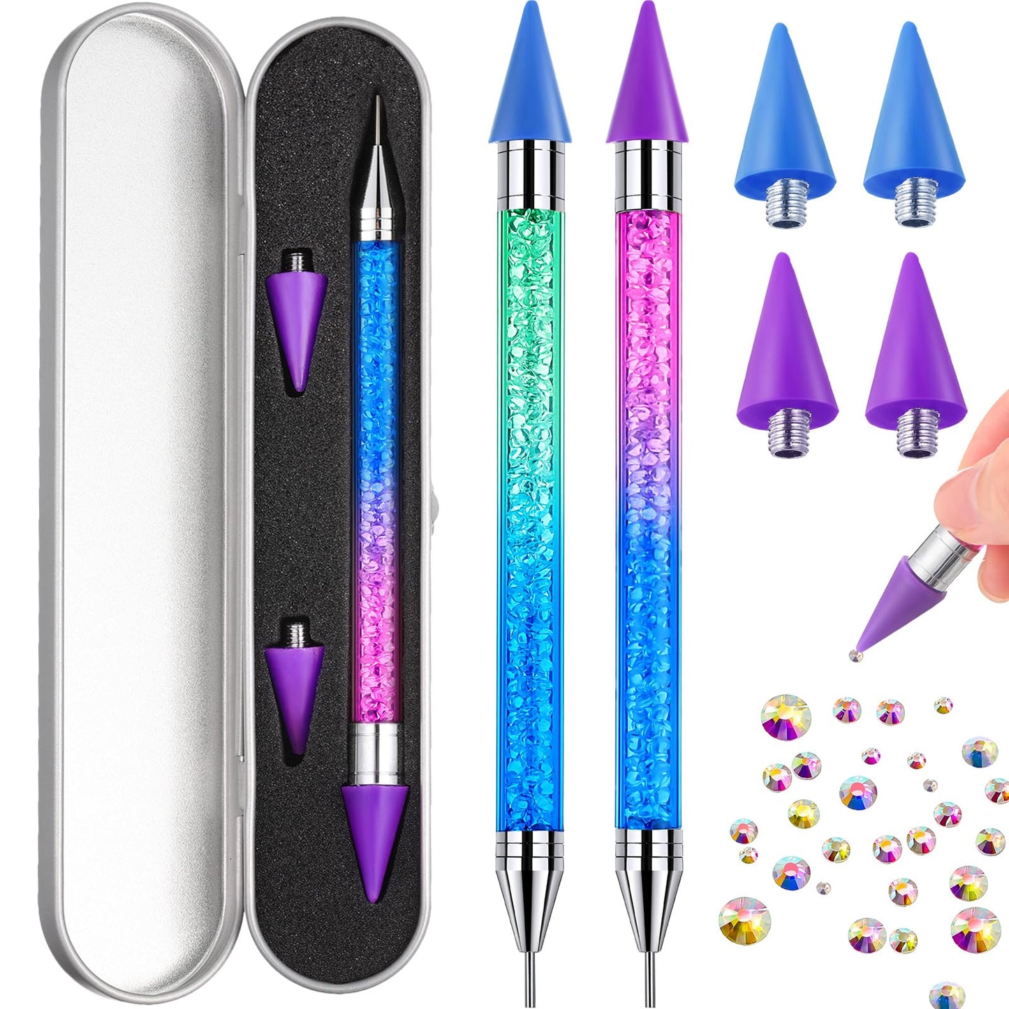 Tatuo 2 Pcs Nail Rhinestone Picker Tool Dual Ended Wax Pen Gem Picker Tool Dotting Pen for Nail Art DIY Rhinestones Dotting Gems Stones Crystals and Charms(Gradient Blue Purple)