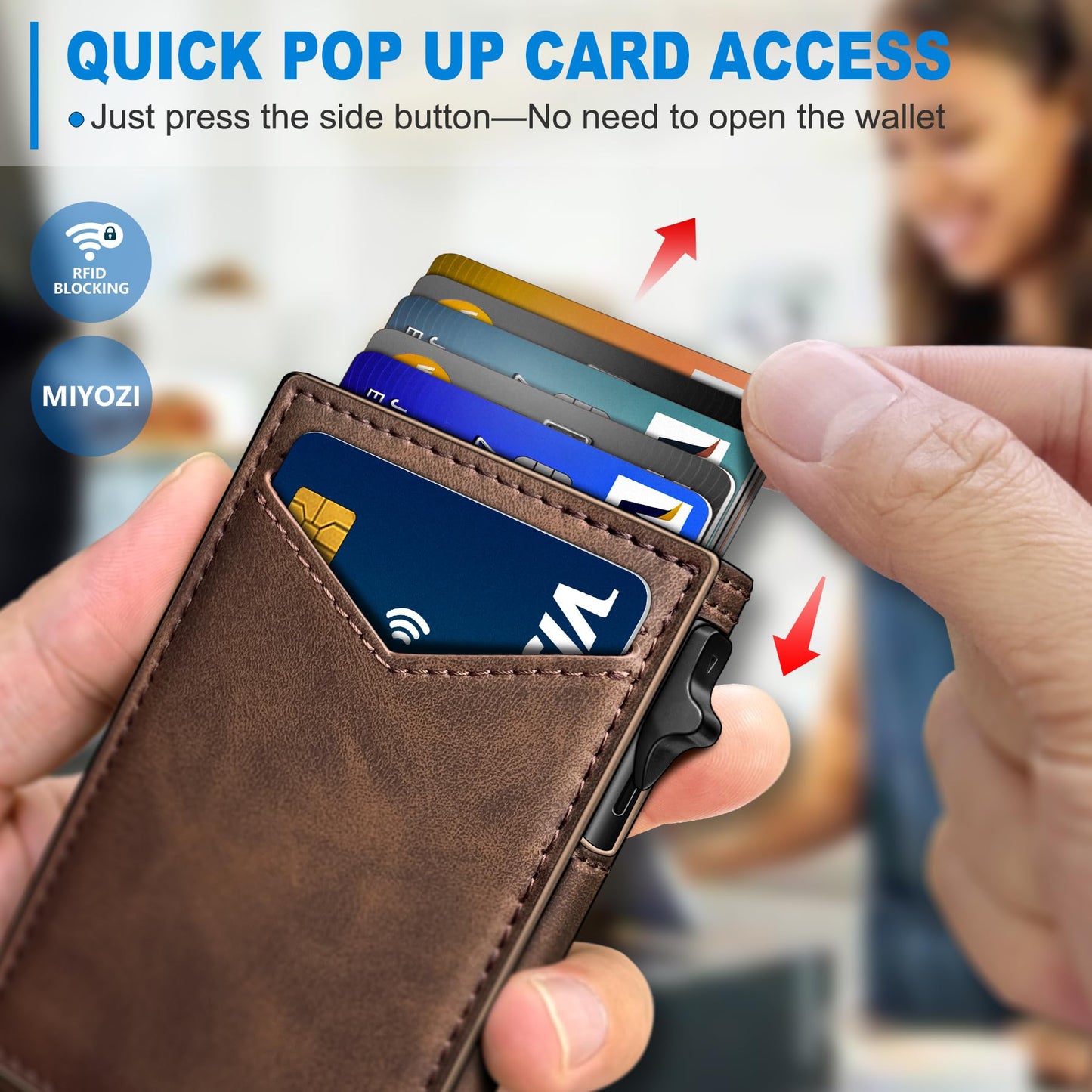 miyozi Wallet for Men, Slim Pop Up Card Holder - RFID Blocking Minimalist Bifold Wallet with ID Window, Holds 9-11 Cards & Stretchable Strap, Metal Flip Case with Magnetic Closure, Gift Box
