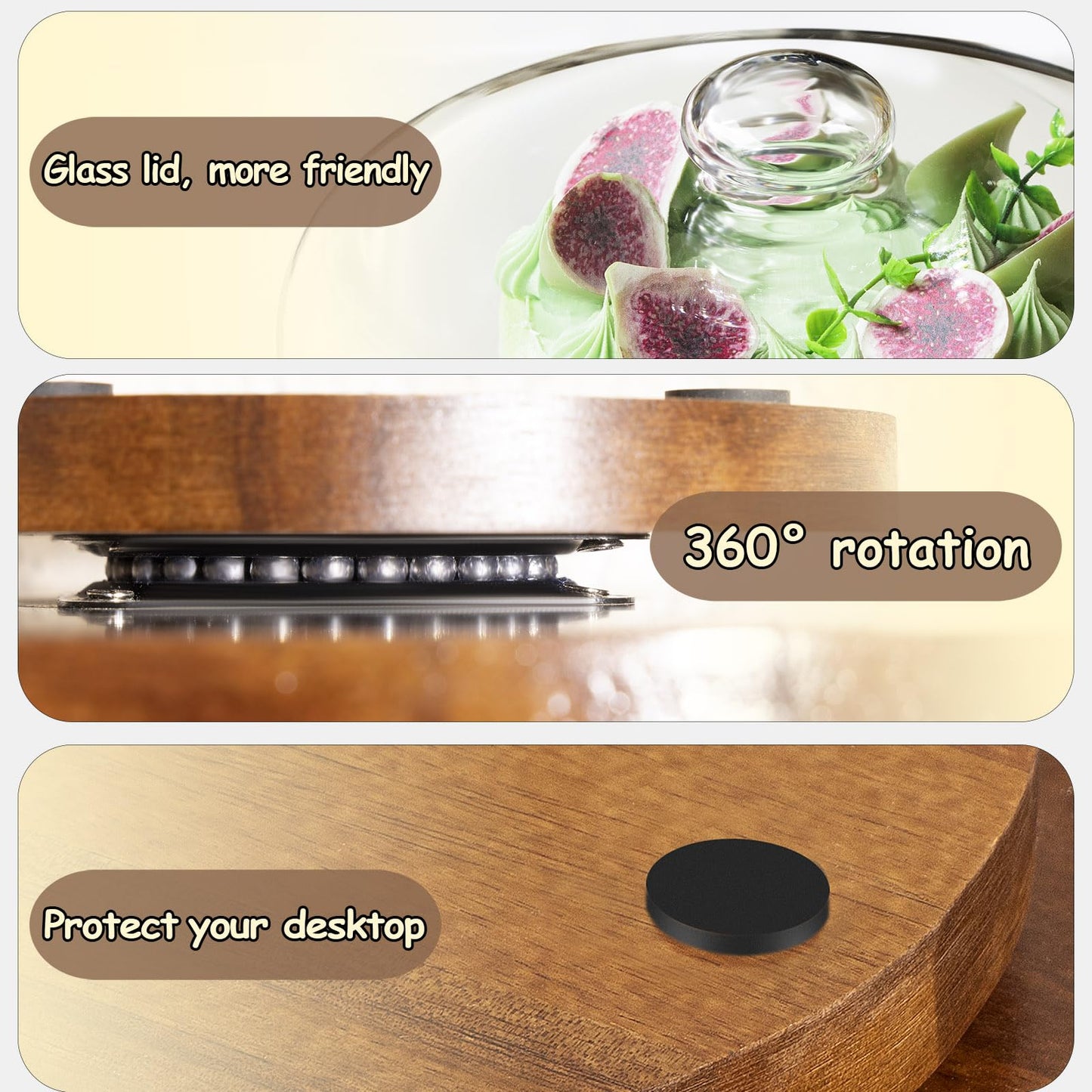Yangbaga 11IN Wood Cake Stand with Dome Lid, Rotating Cake Stand with Glass Dome- Cake Plate with Cover for Baking Gifts/Birthday Kitchen/Party/Weddings