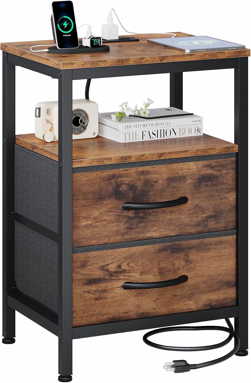 2 OLIXIS Nightstand with Charging Station, Bedside Table with USB Ports & Type-C, Fabric Drawers Night Stand with Open