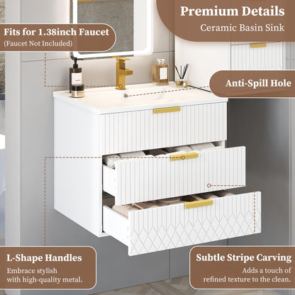 Merax 24" Wall Mounted Floating Cabinet w/Double Drawer, Floating Rectangular Vanity Small Bathroom Sink with Single Faucet Hole and Overflow, Modern Bathroom Cabinet with Ceramic Basin Sink, White