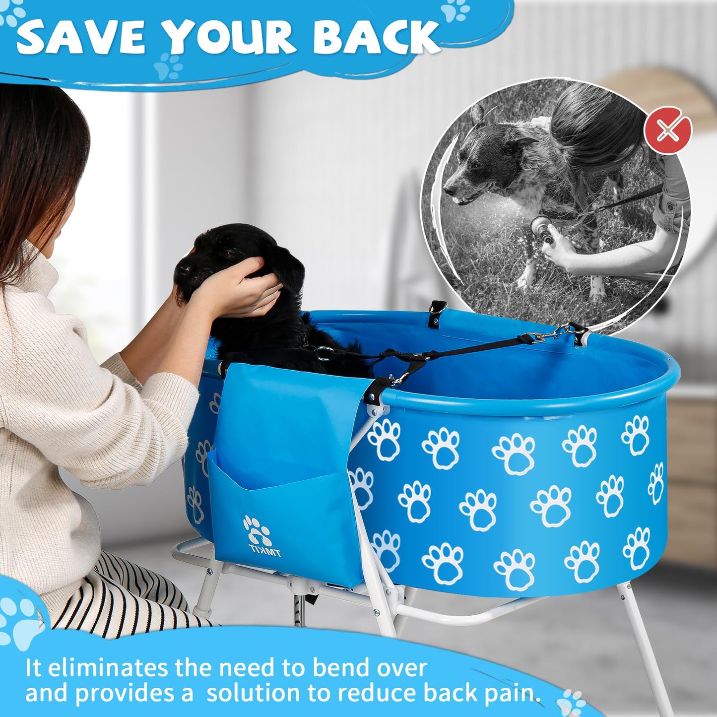Tmkit Dog Bathtub, Elevated Dog Bath Tub for Pet Bathing Shower and Grooming. Portable, Foldable with Safety Lock, Professional Pet Dog Washing Station for Small, Medium, Large Dogs Cats, No Backache