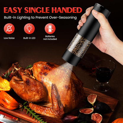 Electric Salt and Pepper Grinder Set Automatic Battery Pepper Mill Shakers Adjustable Coarseness Easy Filling Upgraded Larger Capacity with Led Kitchen Appliances (2 Pack Black/Black）