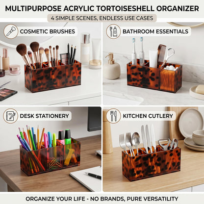 Novabright Acrylic Tortoise Tray Makeup Brush Organizer Tortoise Shell Acrylic Pen Holder Pencil Organizer Clear Cosmetic Brushes Storage with 3 Slots