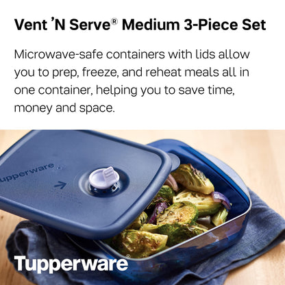 Tupperware Brand Vent ‘N Serve Container Set - 3 Medium Shallow Containers to Prep, Freeze & Reheat Meals + Lids - Dishwasher, Microwave & Freezer Safe - BPA Free