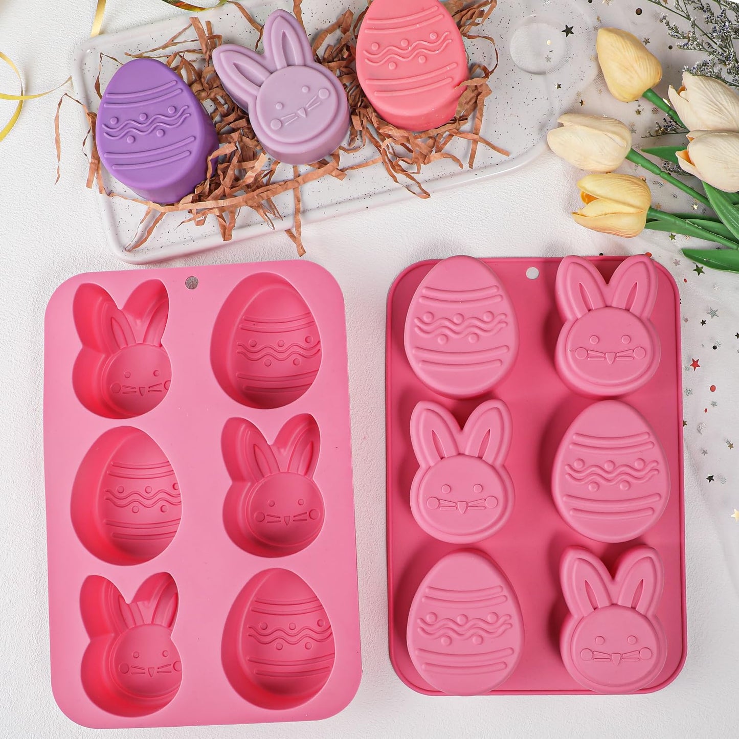 Kamehame Easter Egg Bunny Chocolate Molds, 2 Packs Easter Muffin Molds Bunny Egg Shaped Non-stick Silicone Easter Molds for DIY Chocolate Candy Muffin Handmade Soap