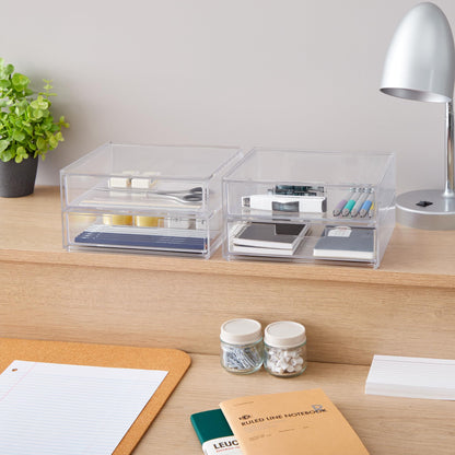 STORi Stackable Desk Drawer Organizer, Clear Pen Pencil Makeup Brush Holder for Desktops and Vanities, 4 Wide Drawers (Made in USA)