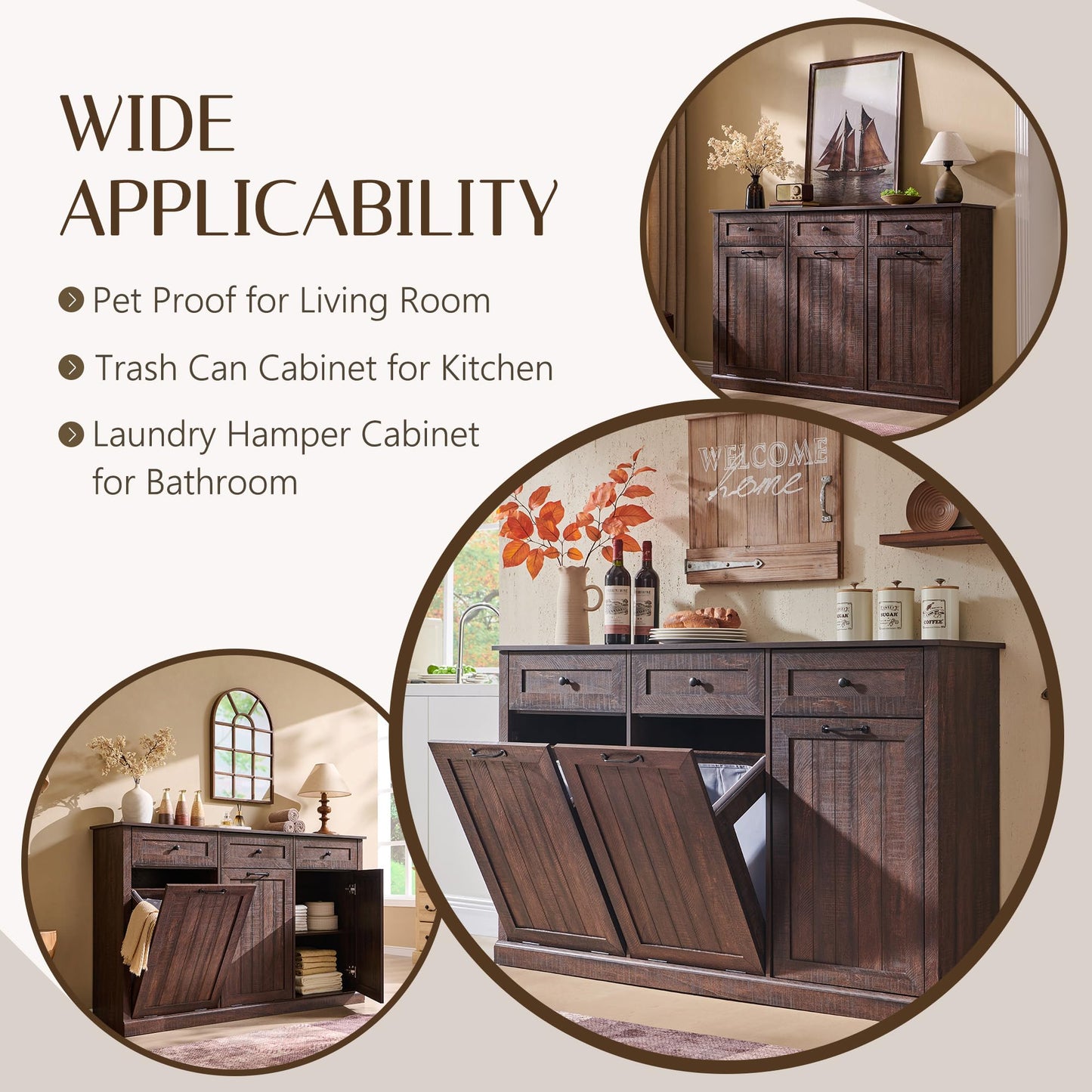 IFGET Triple Tilt Out Trash Can Cabinet, 20 Gallon Farmhouse Laundry Hamper Cabinet w/3 Drawers & Adjustable Shelf, Hidden Wooden Trash Can Cabinets with Storage Basket for Kitchen (Brown)