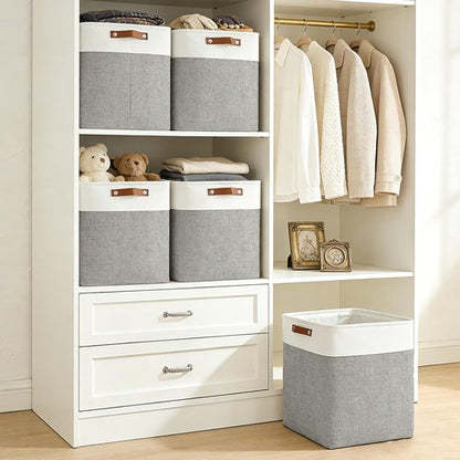 Bagnizer Large Fabric Storage Baskets - 50L Decorative Linen Bins with Handles for Organizing | Grey & White, 17x12x15 Inches