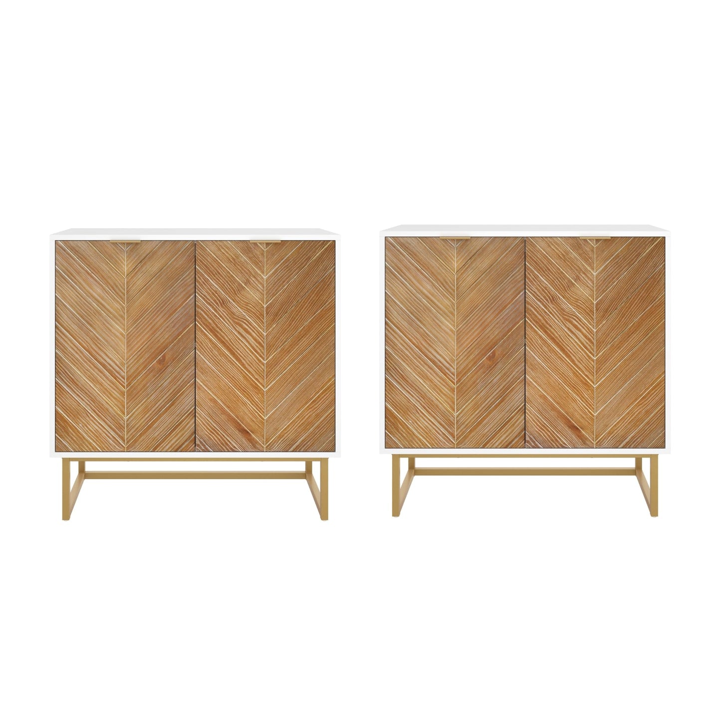 Nathan James Enloe Modern Storage Free Standing Accent Cabinet TV Stand with Doors in a Rustic Pine Wood Finish and Gold Metal Base for Hallway, Entryway or Living Room, Brown/White/Gold, Set of 2
