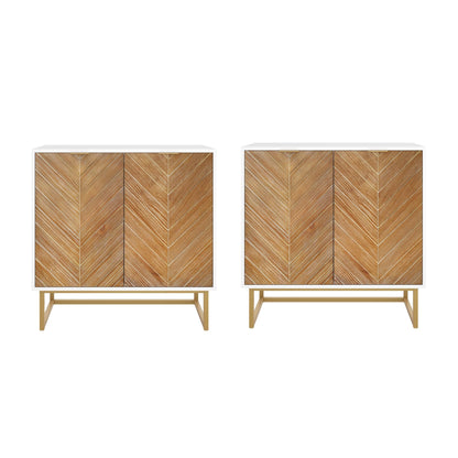 Nathan James Enloe Modern Storage Free Standing Accent Cabinet TV Stand with Doors in a Rustic Pine Wood Finish and Gold Metal Base for Hallway, Entryway or Living Room, Brown/White/Gold, Set of 2