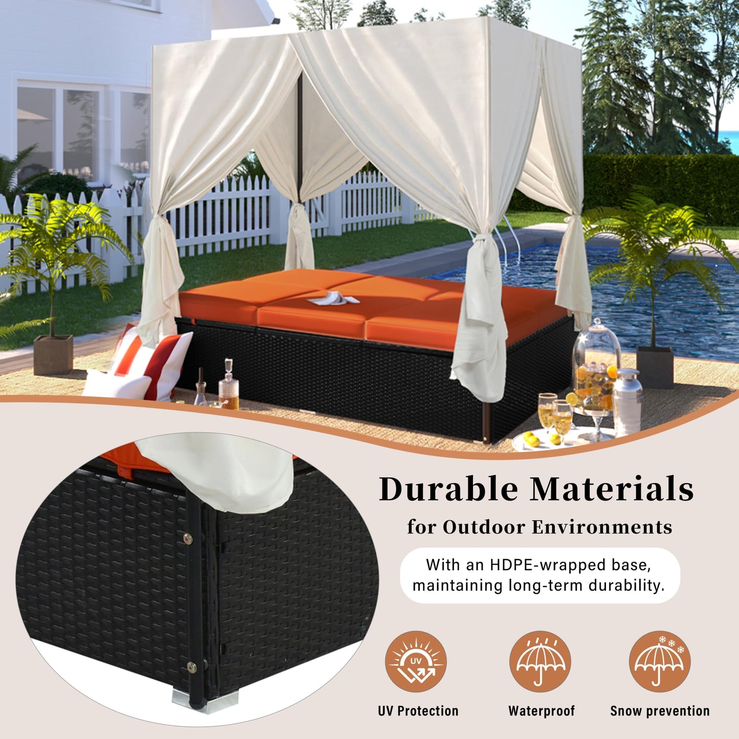 roomfitters Luxury Cabana Vibrant Orange Outdoor Double Chaise Lounge Patio Daybed with Privacy Curtains and Adjustable Reclining Backrest