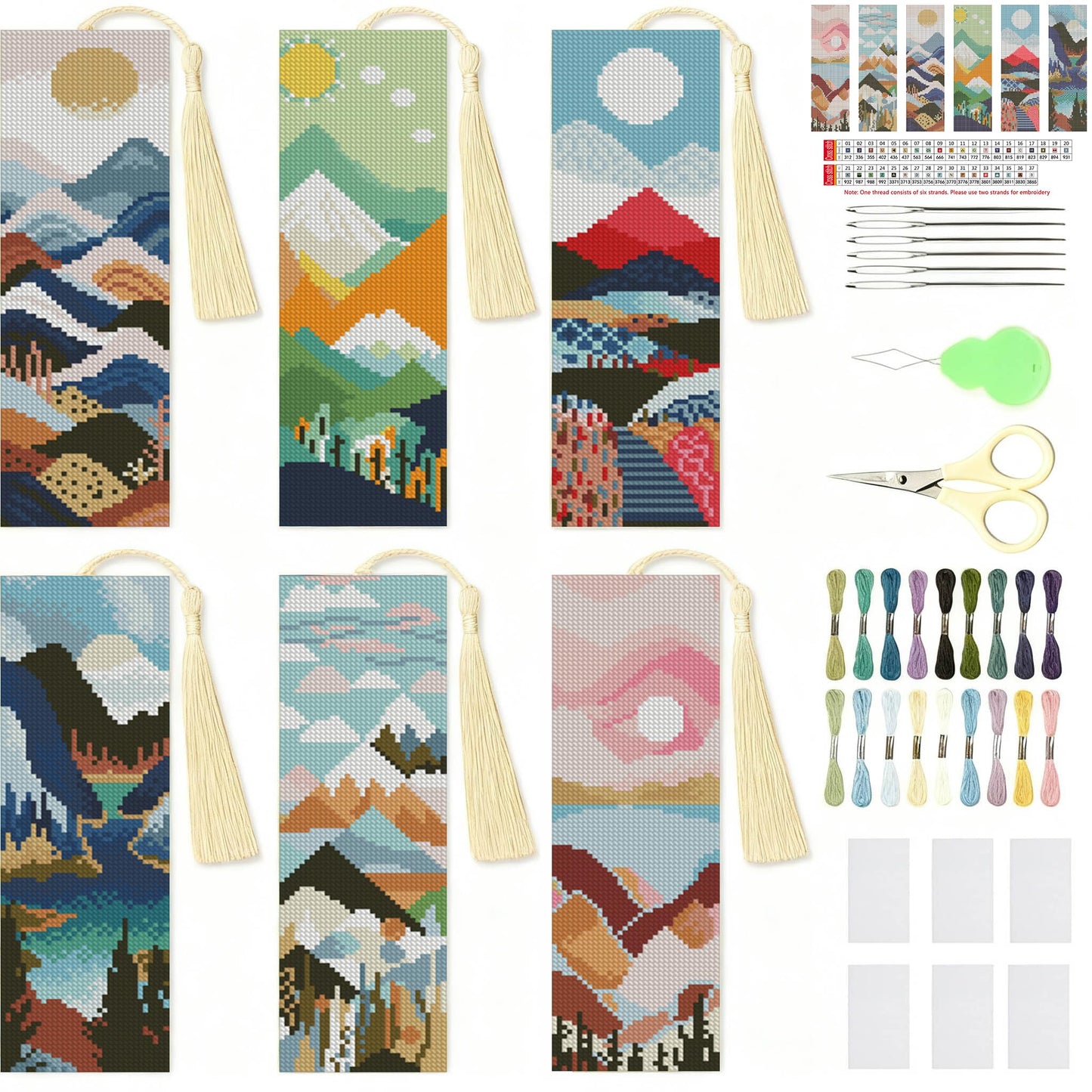 NEGEKFKX 6 Pcs Landscape Cross Stitch Bookmark Kit for Adult Beginners, Cross Stitch Kits 14 CT DIY Crossstitch Kits Adult Stamped Bookmark Embroidery Bookmarks Kit
