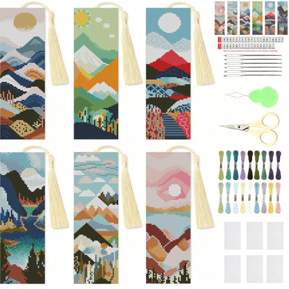 NEGEKFKX 6 Pcs Landscape Cross Stitch Bookmark Kit for Adult Beginners, Cross Stitch Kits 14 CT DIY Crossstitch Kits Adult Stamped Bookmark Embroidery Bookmarks Kit
