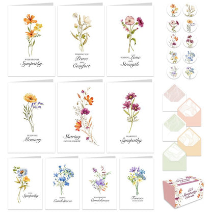 Decorably 50 Pack 4x6in Bulk Sympathy Cards with Envelopes & Stickers, 10 Folded Floral Designs with Printed Message Inside - Burial, Grief, Bereavement, Loss of Loved Ones