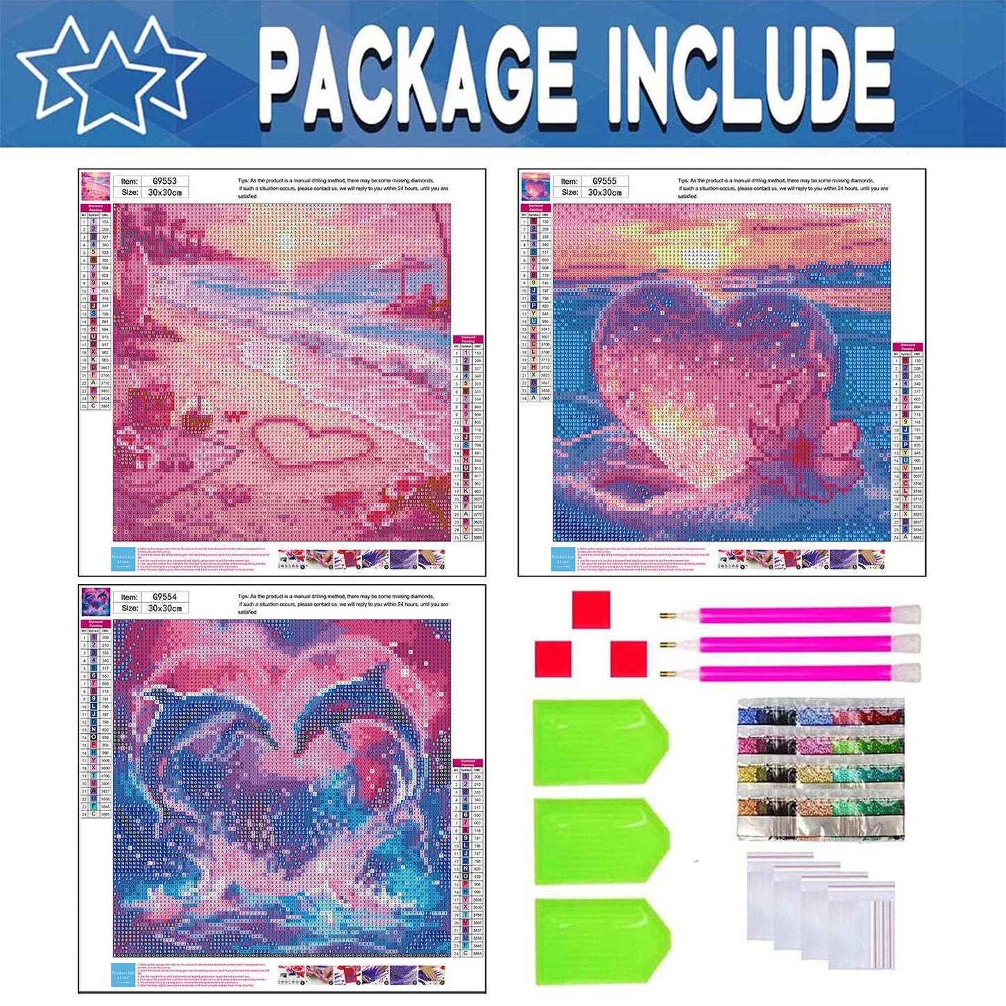 ajepon 3 Pack Heart Diamond Art Kits for Adults - Beach 5D Diamond Painting, Heart Gem Art for Adults, Gem Painting Kits for Wall Home Decor Arts Craft 12x12inch