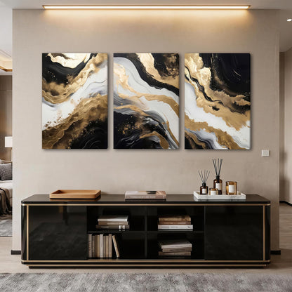 Palette Dreams 3 Piece Framed Black And White Abstract Canvas Wall Art, Black Gold Canvas Black Marble Picture Wall Decor, Modern Gold Foil Art Poster Print for Living Room Bedroom Bathroom 20x30 Inch