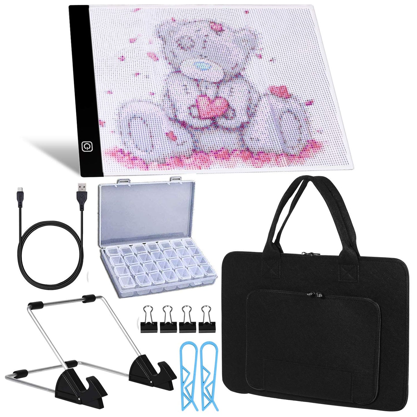 A4 LED Light Pad for Diamond Paint Kits, Super Bright USB Powered Light Board Kit with Detachable Stand, and Black Pad Clip (Pad and Bag)