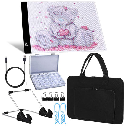 A4 LED Light Pad for Diamond Paint Kits, Super Bright USB Powered Light Board Kit with Detachable Stand, and Black Pad Clip (Pad and Bag)