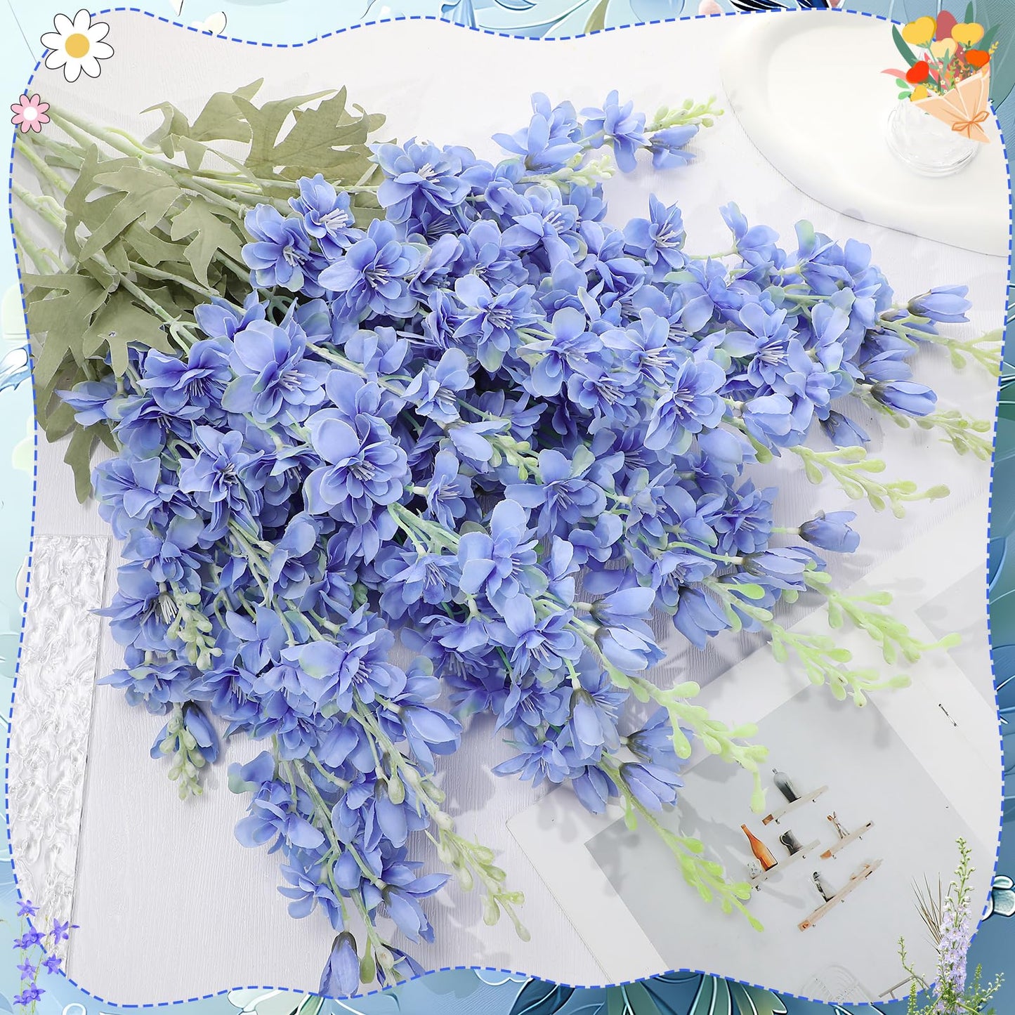 Ovveroche 10 Pcs Delphinium Artificial Flowers for Decoration, 33.86 Inch Long Stem Larkspur Fake Flowers Light Blue Faux Silk Bouquets for Tall Vase Wedding Home Decor Floral Arrangements(Dark Blue)