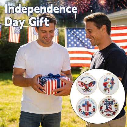 BBLYBD 4th of July Embroidery Kit, 4 Set Patriotic Cross Stitch Craft Kits for Beginners with Pre-Printed Embroidery Fabric, Hoops, Step-by-Step Instructions, Color Threads & Needles (Red White Blue)