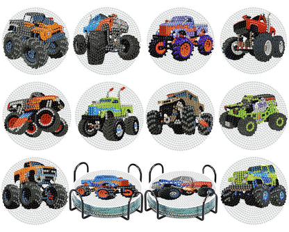 Trucks Diamond Art Painting Coaster Kit, 12 Pcs DIY Crafts Kit with Holder, Non Slip Coaster Art Supplies Full Drill Crafts for Gem Art Dot Art for Adults, Home Wall Decor for Teens Boys Girls