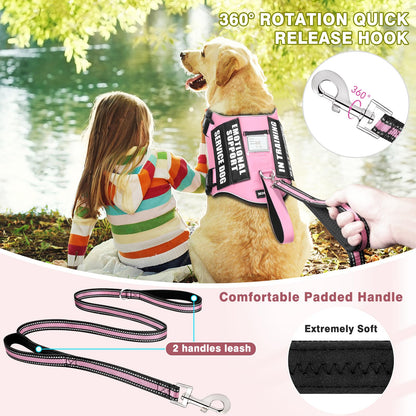 MOOGROU Service Dog Vest Harness and Leash Set+10 Patches,No Pull&Easy Walk Reflective Dog Harness with Soft Padded Handle for Training/Everyday,Fit Small/Medium/Large/Extra-Large Dogs(Pink S)