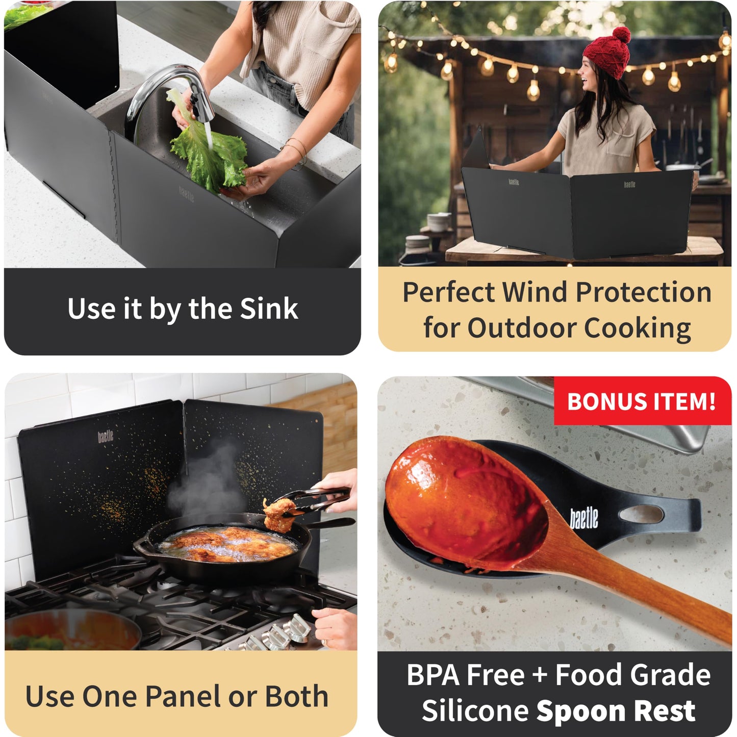 Extra-Large 2-Piece Splatter Guard (15.7” x 15.7”), Heavy-Duty, Commercial-Quality Stainless Steel Oil Splash Shield with Foldable 2-Panel Design & Silicone Spoon Rest by Baetle