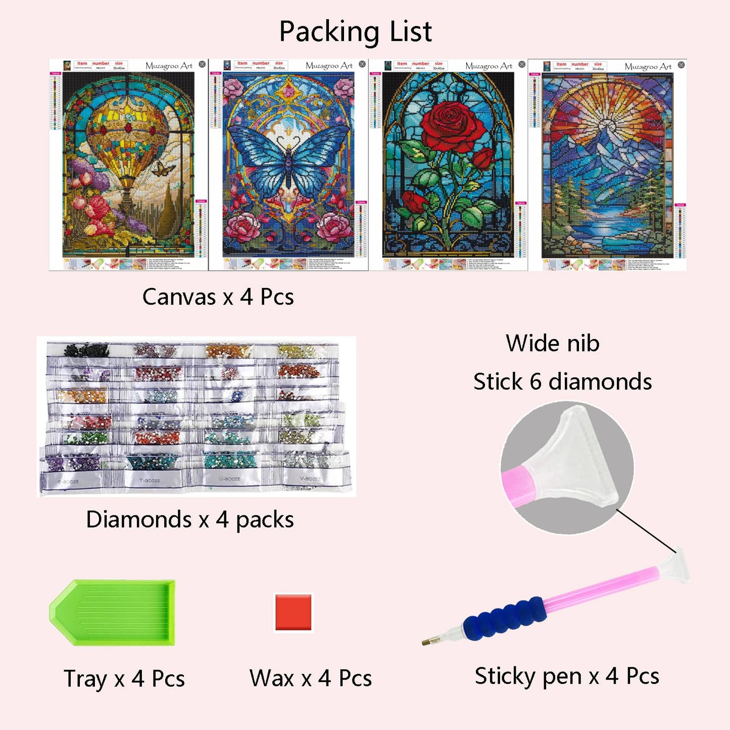 Muzagroo Art Rose Diamond Painting Kits for Adults, Colorful 5D Diamond Art Kits for Living Room Wall Art, DIY Drill Art 12x16 inches Gem Arts and Crafts 4PCS