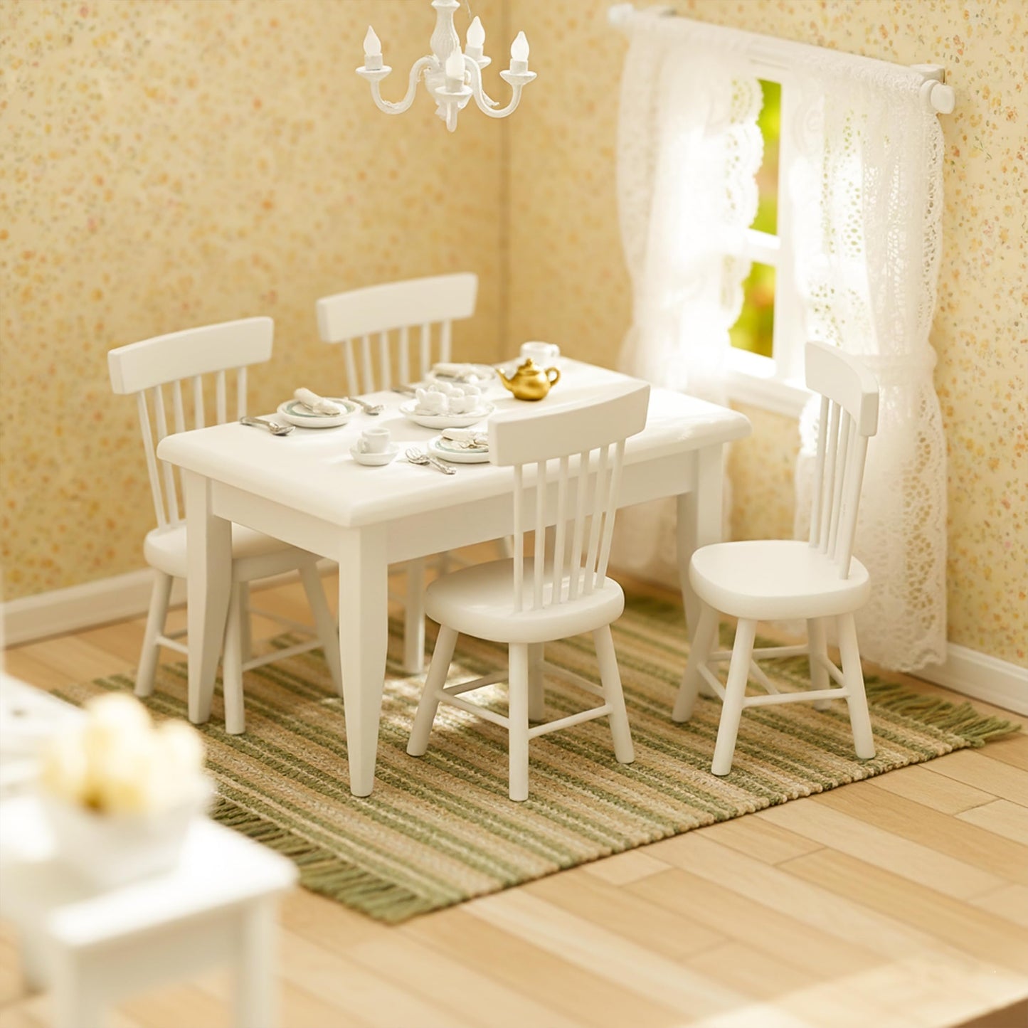 Miniature Dollhouse Dining Table and Chairs – Set 5pcs 1/12 Scale for Doll House, White Wooden Furniture Model, Mini Classic Decoration Accessories DIY Hobby Gift for Kitchen, Breakfast Room