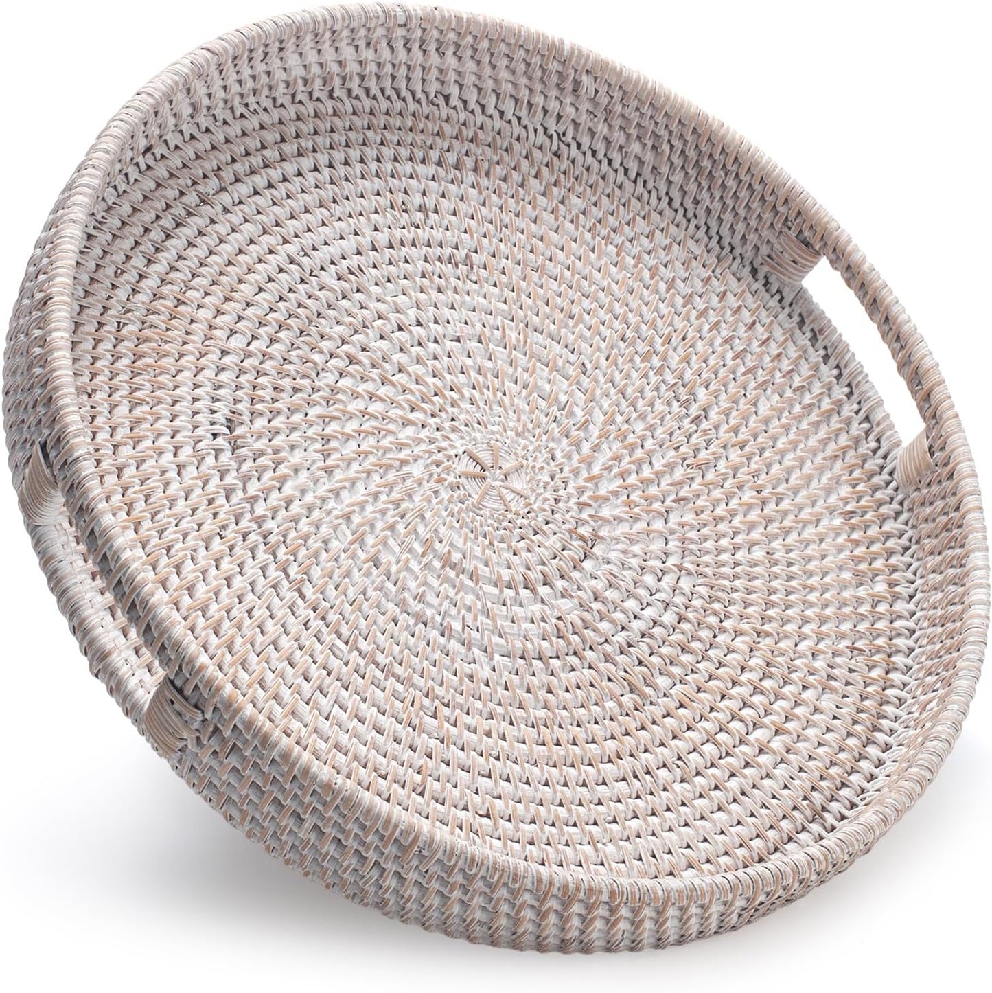 13.8 inch Round Rattan Tray, Decorative Coffee Table Tray, Ottoman Tray, Woven Serving Tray with Handles, Wicker