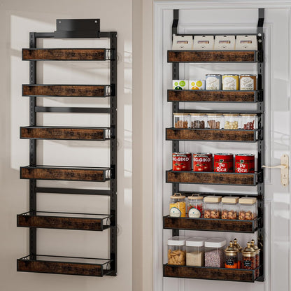 6 2 1 Tier Over The Door Pantry Orangizer IN Wall Mounted or Hanging Spice Rack with Adjustable Wood Basket,Heavy Duty