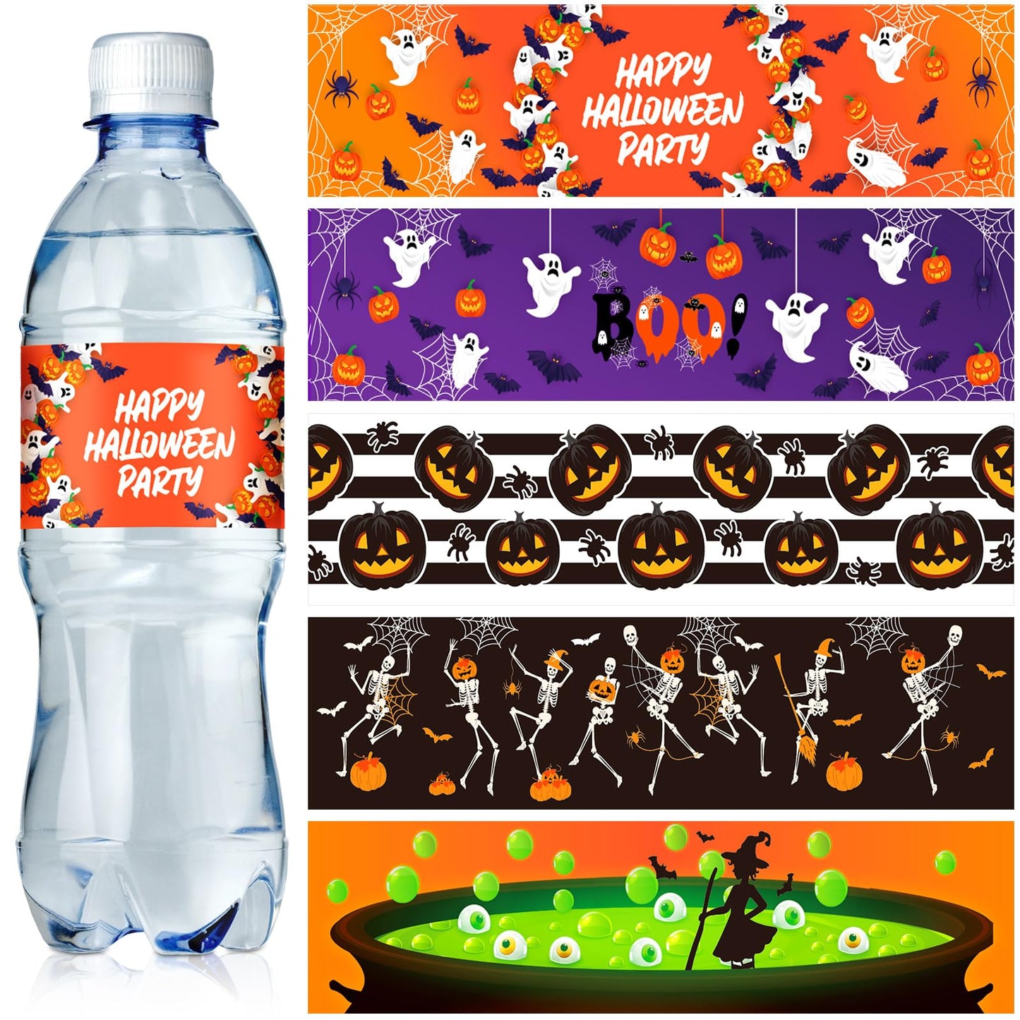 Menkxi 100 Pcs Halloween Water Bottle Labels Pumpkin Witch Potion Bat Ghost Water Bottle Sticker Wrappers Treat Halloween Box Labels for Birthday Party Supplies Decorations Ornaments (Classic Style)