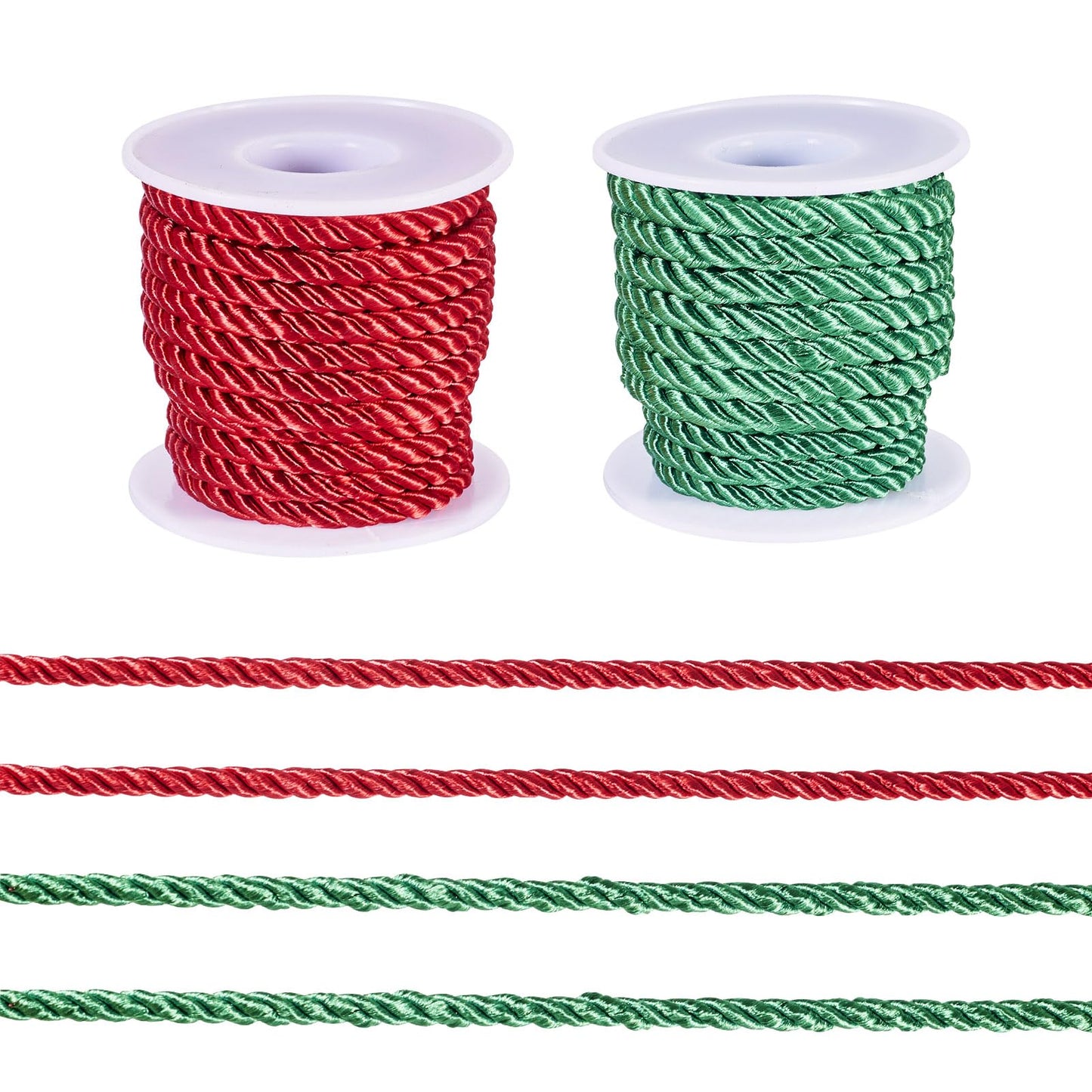 Beadthoven 2 Rolls/8.74 Yards 5mm Christmas Braided Cord Red Green 3-Ply Shiny Polyester Twisted Twine Cord Rope Decorative Thread Strings for DIY Bracelets Necklace Upholstery Curtain Home Decoration