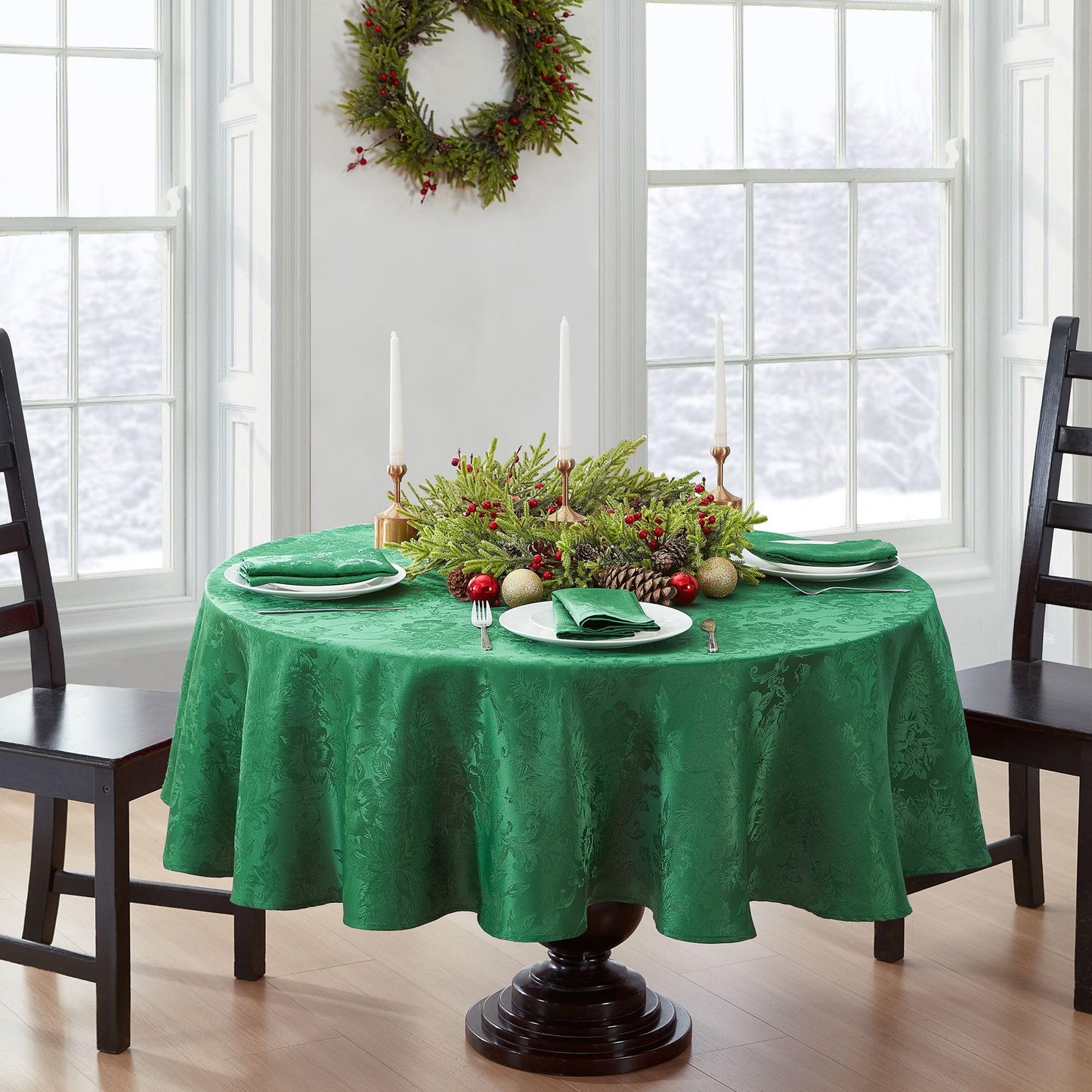 Poinsettia Elegance Jacquard Holiday Table Collection, Polyester, Green, 60" x 84" Oval (Tablecloth)