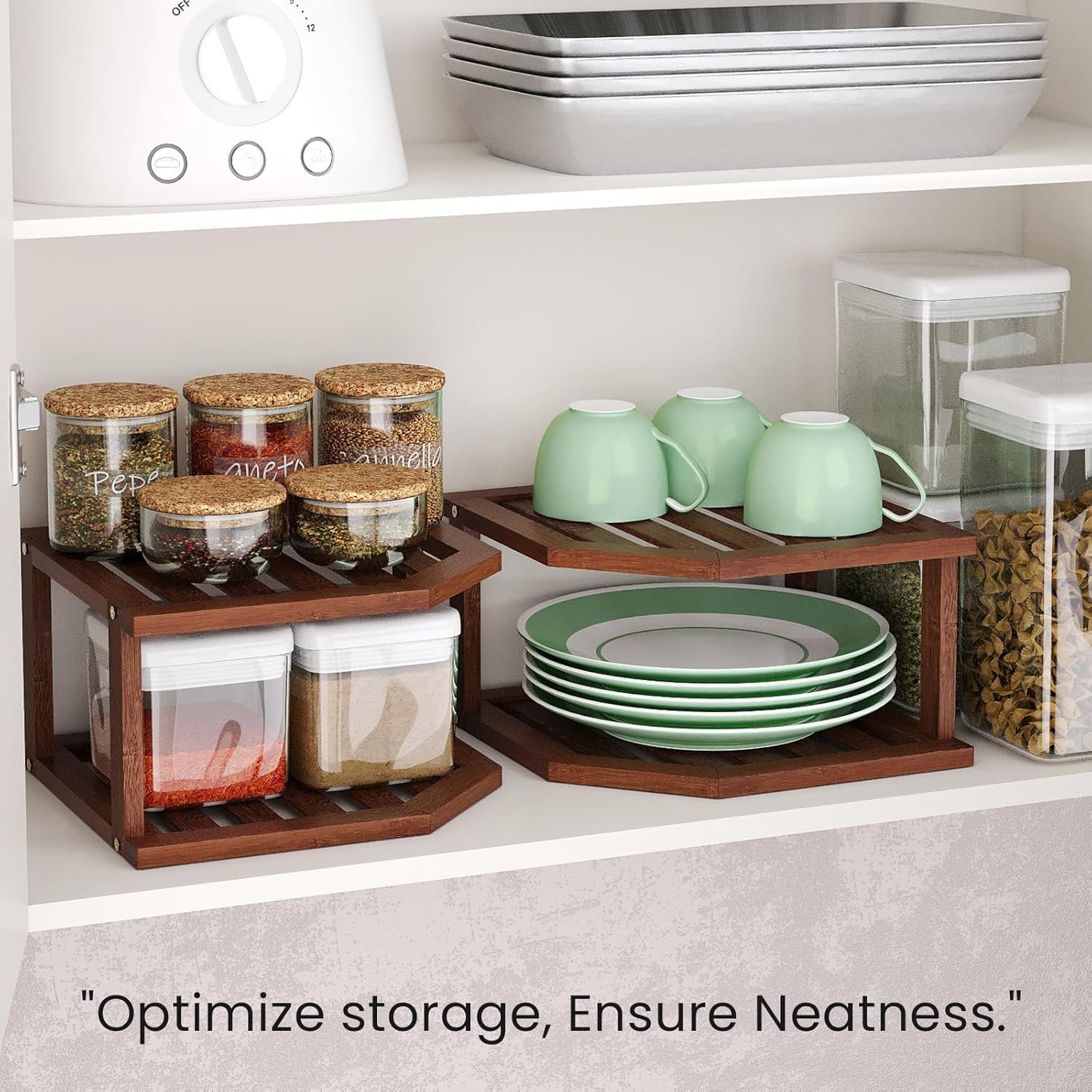 Shelf,2 Countertop,Pantry VERTORGAN Bamboo Corner Tier Plate Organizer for Cabinet and Dish and Spice Rack