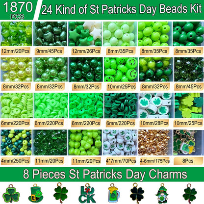 1870PCS St. Patrick’s Day Beads for Bracelet Jewelry Making Kit, Green Polymer Clay Beads Assorted Acrylic Pearl Bead Irish Shamrock Beads Leaf Clover Beads Charms for Necklace Earring DIY Craft Gifts