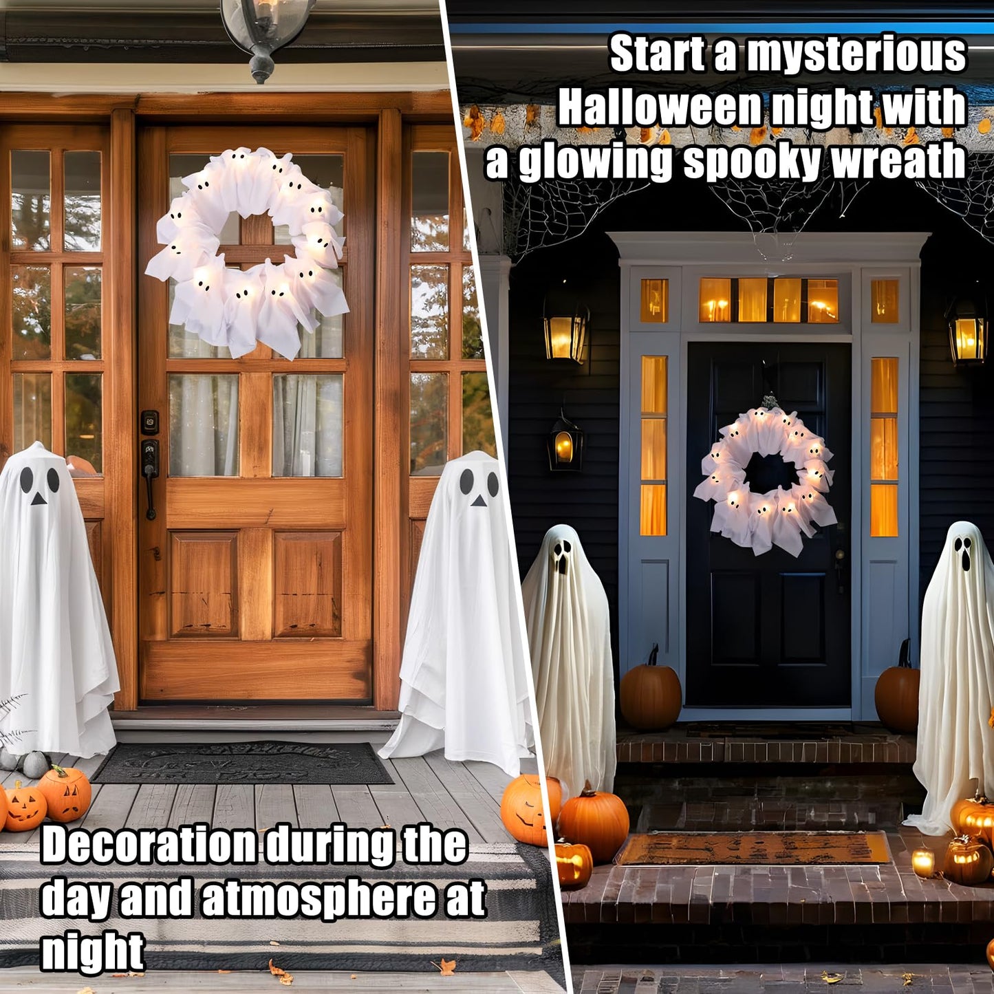 LED Light-Up Halloween Ghost Wreath, 12 Glowing White Ghost Garland, Halloween Ghost Wreath, Spooky Indoor & Outdoor Hanging Decoration for Front Door, Wall, Party