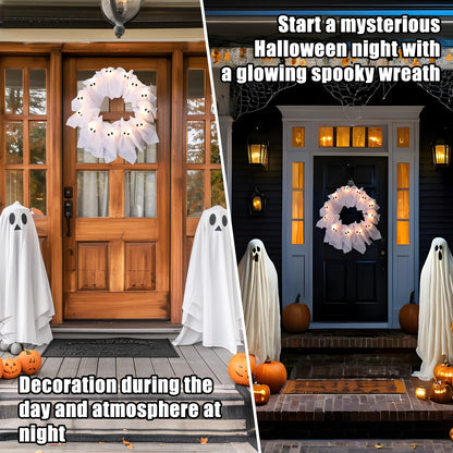 LED Light-Up Halloween Ghost Wreath, 12 Glowing White Ghost Garland, Halloween Ghost Wreath, Spooky Indoor & Outdoor Hanging Decoration for Front Door, Wall, Party