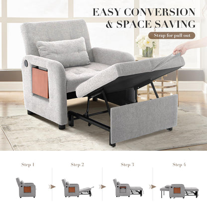 Convertible Sleeper Chair-Fabric Futon Sofa Bed, Single Sleeper Sofa, Small Couch Bed with USB Port, Foldable Table, Pillow, Adjustable Backrest for Dorm/Bedroom/College Lightgrey