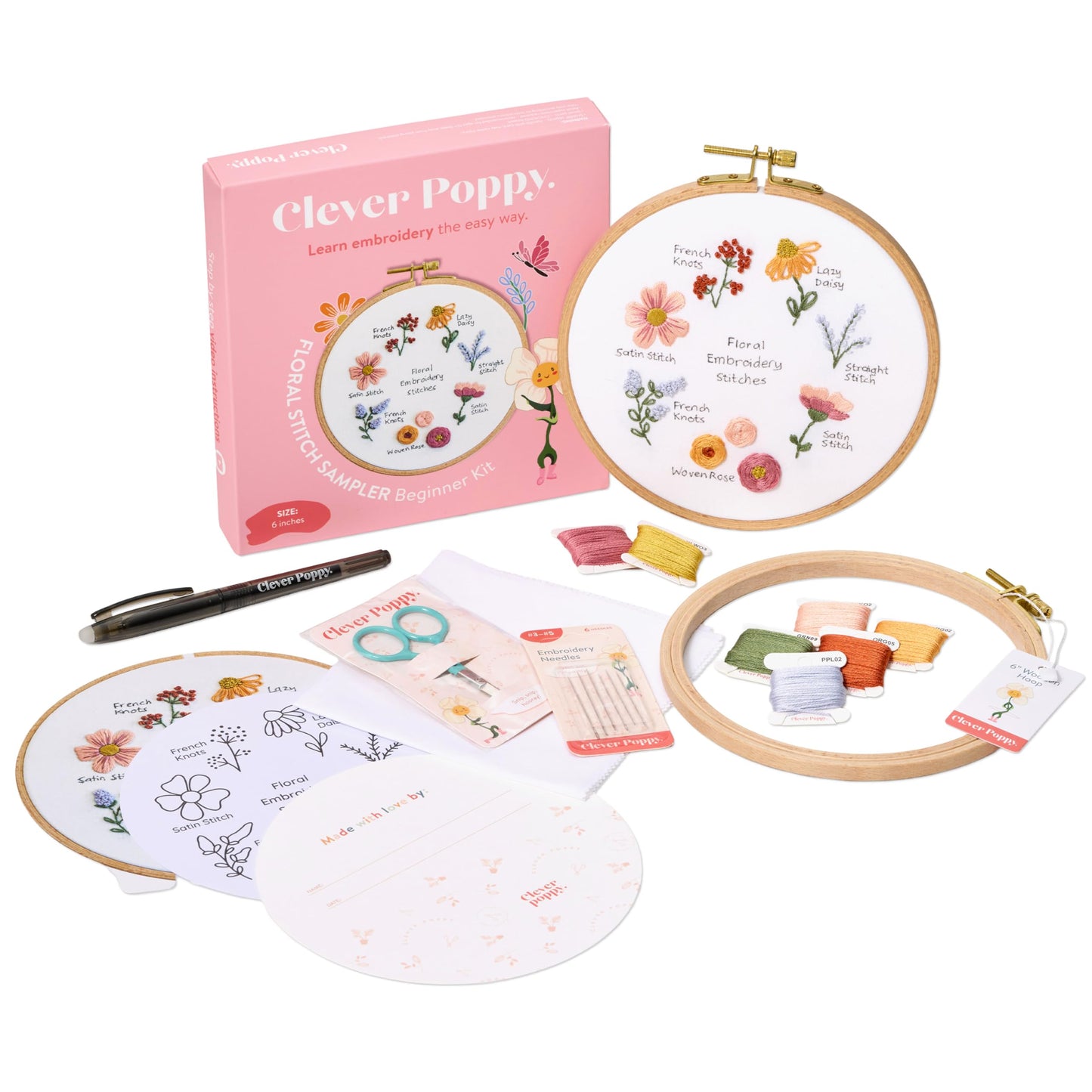 Clever Poppy Floral Stitch Sampler Beginner Embroidery Kit – Easy Embroidery Kit for Beginners with Hoop, Thread & Patterns – Hand Embroidery Kit for Adults and Teens – Complete Embroidery Starter Kit