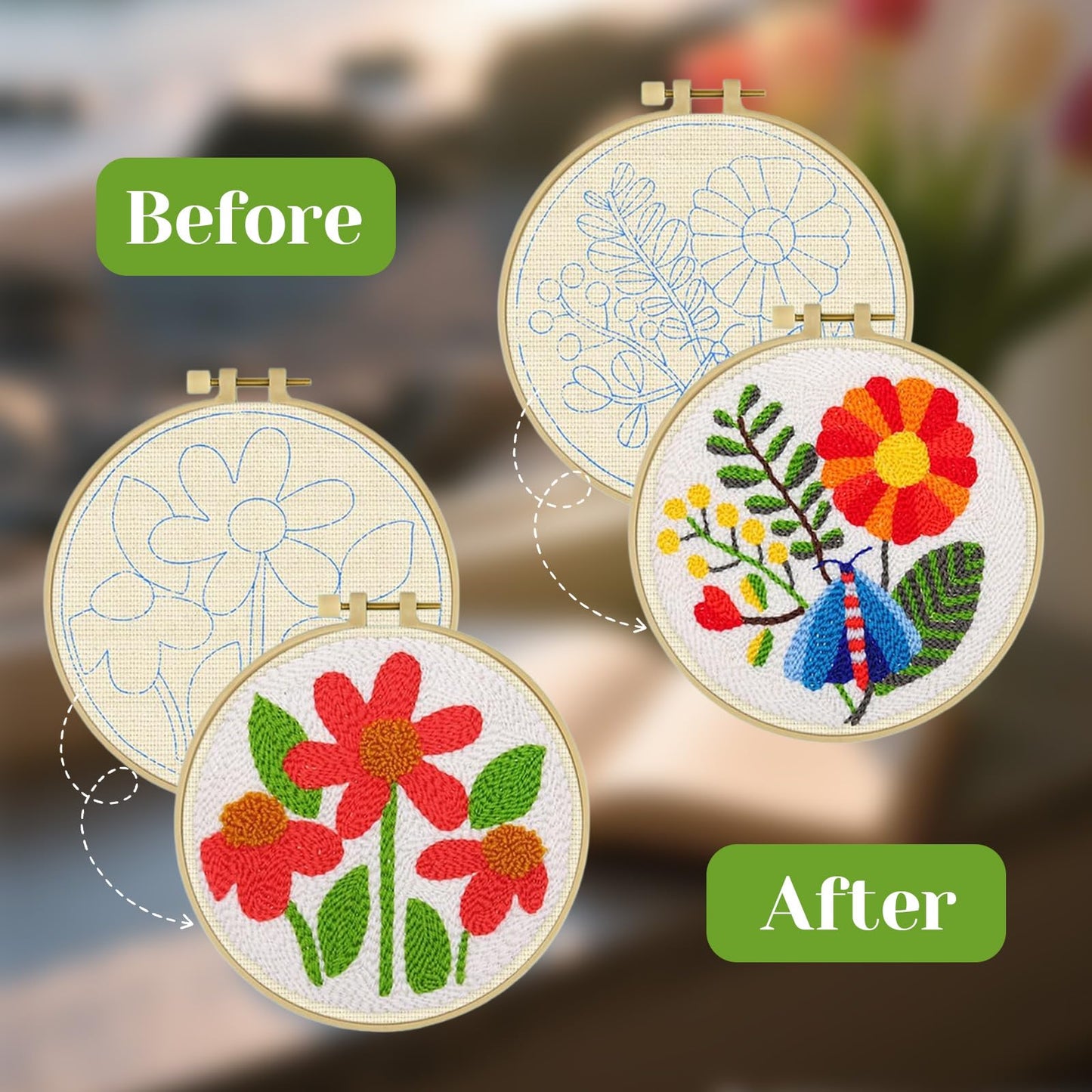 Betoom 2PCS Punch Needle Kits Adults Beginner, DIY Flower Dragonfly Punch Needle Kits for Adults with Patterns, Tools, Yarns, Hoop