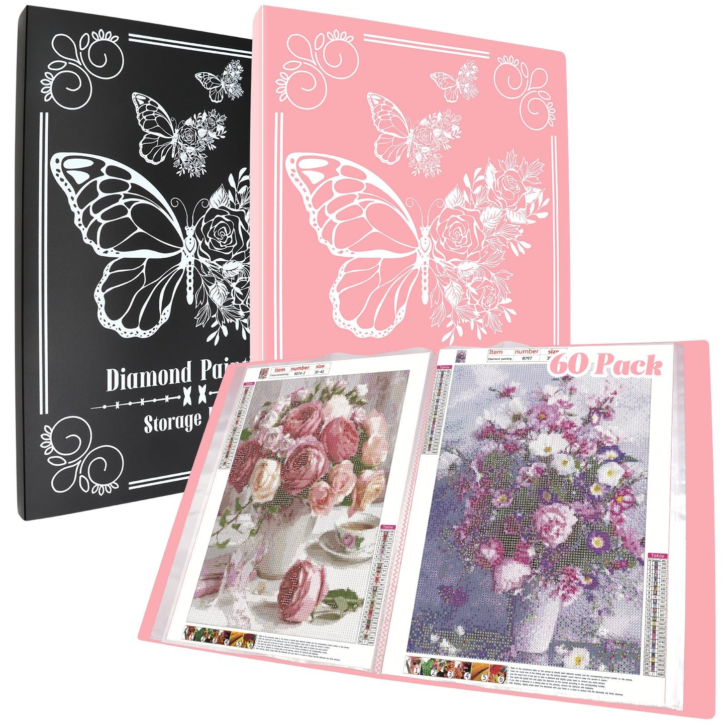 ZYNERY 2 Pack A3 Diamond Painting Storage Book, 60 Pages Art Portfolio Diamond Art Storage Large Folder - Suitable for 12x16 inch Diamond Painting (Pink + Black)
