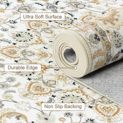 Skiennix 5x7 Area Rug - Washable Vintage Boho Design | Soft, Stain-Resistant Carpet for Living Room, Bedroom, and Office - Beige