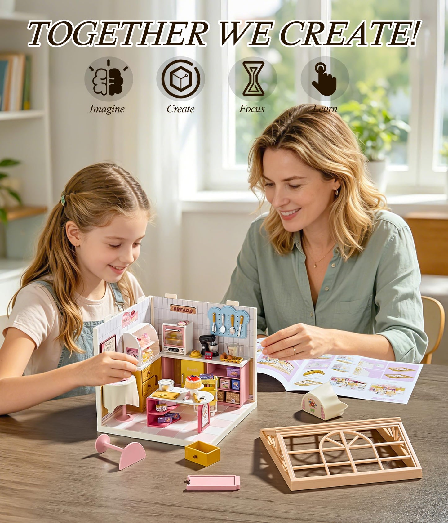 Tkmango Bakery Shop DIY Miniature House Kit with Roof & LED Light, Stackable & Connectable Dollhouse Kit with Dustproof Door, Creative DIY Crafts Building Toy Gift for Adults Teens